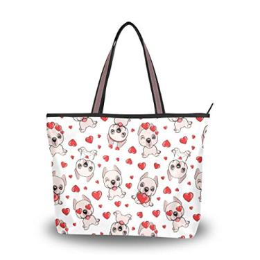 Imagem de Bolsa de mão com alça superior para cães fofos com corações vermelhos, bolsa de ombro para mulheres, Multicolorido., Large