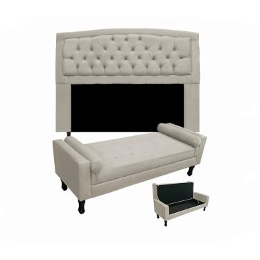 Imagem de Jogo Cabeceira Geovana + Calçadeira Fênix Casal 140cm Suede Bege - LM DECOR
