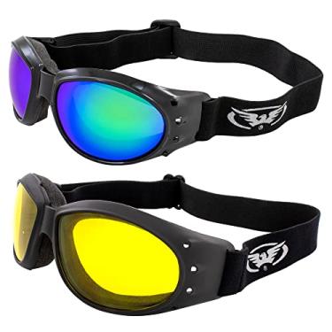 Imagem de 2 pares de óculos acolchoados Global Vision Eliminator para motociclista pretos com lentes espelhadas amarelas e verdes