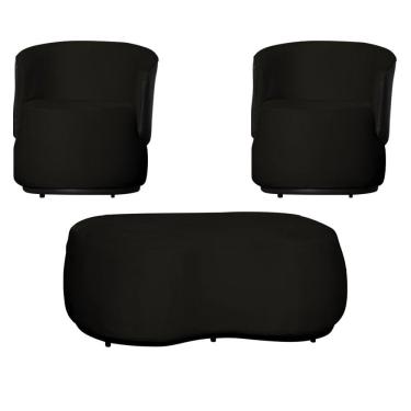 Imagem de Kit 2 Poltronas e 1 Puff Grande Estilo Orgânico Beatriz Veludo Composê Corino Preto - Estopar