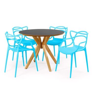Imagem de Conjunto Mesa de Jantar Redonda Marci Premium Preta 100cm com 4 Cadeiras Allegra - Azul