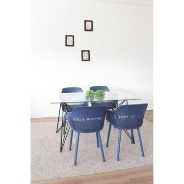 Imagem de Conjunto Sala de Jantar Mesa 140x80cm Tampo em Vidro Araçá com 4 Cadeiras Marcela Rivatti Azul Marinho