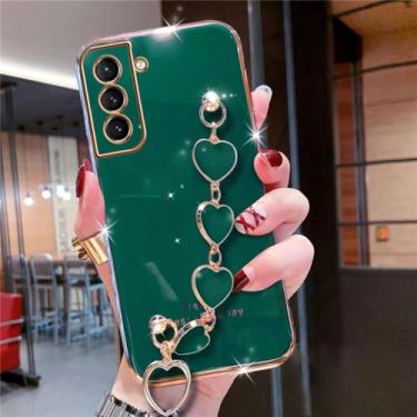Imagem de Chapeamento Amor Pulseira Pulso Chian Strap Soft Case Para Samsung Galaxy S21 S20 S10 S9 S20FE Plus Ultra Note 8 9 10 20 Capa, Verde Escuro, Para S21FE