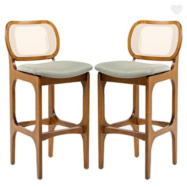 Imagem de Rio Madeira, Kit 2 Banquetas para Cozinha Americana Decor Encosto Rattan Madeira Imbuia Linho Verde L84