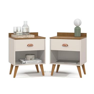 Imagem de KIT 2 Mesa De Cabeceira Retro Perola Nichos Com Gaveta Prateleira Criado Livreiro Lateral Cama (OffWhite/Nature)
