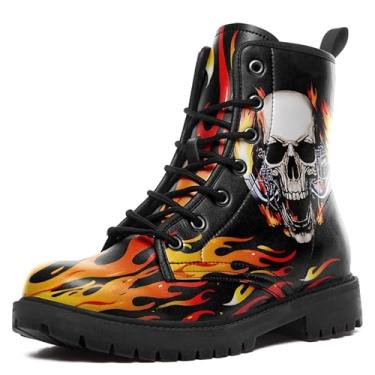 Imagem de coolcustomize Botas de combate masculinas femininas modernas com cadarço crânio rosa tornozelo salto grosso plataforma botas de trabalho de couro, Preto 2, 15 Women/12.5 Men