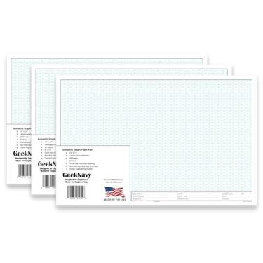 Imagem de GeekNavy Bloco de papel gráfico isométrico, pacote com 3, 50 folhas, grade de 0,6 cm, para profissionais, estudantes e entusiastas (paisagem de 28 x 43 cm, pacote com 3)