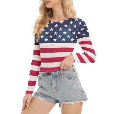 Imagem de Kasopp Camiseta feminina de malha de verão com a bandeira americana do Dia da Independência estampada camiseta cropped manga longa slim legal, Multicolorido 4, M