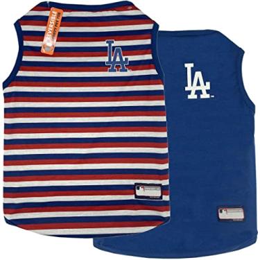 Imagem de Pets First Camiseta reversível MLB Los Angeles Dodgers, pequena para cães e gatos. Com o logotipo do time vem com 2 designs, camiseta listrada de um lado, design sólido do outro lado! Cor do time,