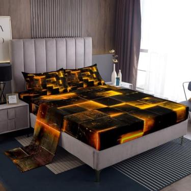 Imagem de Jogo de cama preto laranja 3D brilhante búfalo conjunto de lençóis de cama de arte abstrata moderna lençol completo geométrico, lençol de cima com cubos futuristas gradiente