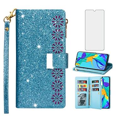 Imagem de Asuwish Capa de telefone para Huawei P30 Capa carteira com protetor de tela de vidro temperado e alça de pulso Bling Glitter Flip Zipper Suporte para cartão de crédito Suporte Cell Hawaii P 30 ELE-L29