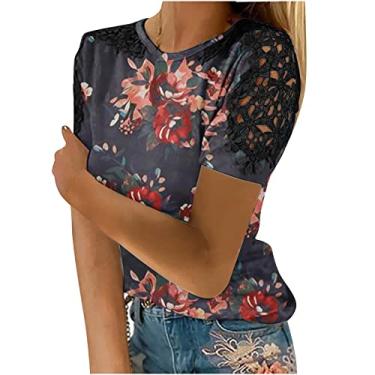Imagem de Blusa feminina floral de renda patchwork manga curta moderna 2024 tops de verão camisetas casuais macias roupas da moda, Vermelho, XXG