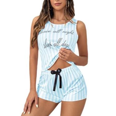 Imagem de Ztexkee Pijama feminino fofo, 2 peças, gola redonda, conjunto de pijama de verão macio com cordão, Azul, M