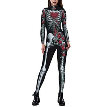 Imagem de Foksikely Women Halloween 3D Skeleton Skull Bone Rose Printed Bodycon Jumpsuit Playsuits Wine Red L