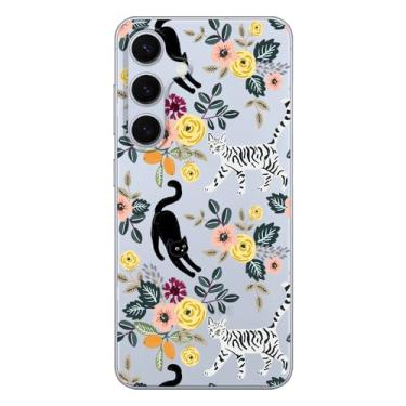 Imagem de Blingy's Capa para Samsung Galaxy S24, design de gato divertido para mulheres e meninas com estampa de flores fofas estilo animal floral estilo transparente TPU macio capa transparente 6,2 polegadas