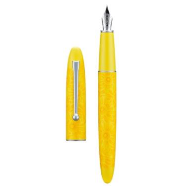 Imagem de HONG DIAN Caneta-tinteiro C3, irídio, ponta macia extrafina, entalhe de nó chinês, design de pintura amarelo brilhante e girassol com conjunto de caixa de metal