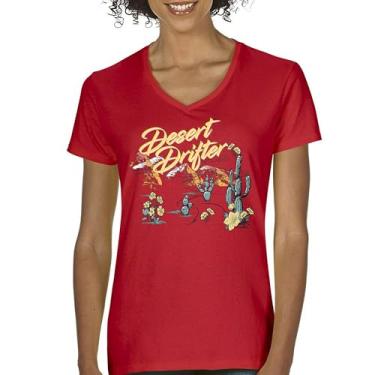 Imagem de Camiseta feminina Desert Drifter com decote em V Vintage Boho Desert Vibe Retro Southwest Bohemian Cactus Art American Travel Tee, Vermelho, XXG