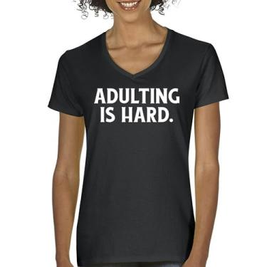 Imagem de Adulting is Hard Camiseta feminina gola V divertida vida adulta não recomende humor responsabilidade parental 18º aniversário camiseta, Preto, GG