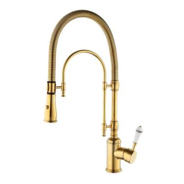 Imagem de Torneira de cozinha de latão dourado, alça única, modo duplo, pulverizador pull-down, torneira de pia de cozinha com alça de porcelana, ouro polido