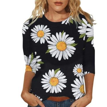 Imagem de Blusa feminina de outono de 2024, manga 3/4, estampa floral, vintage, túnica solta, camiseta de verão, Preto, 3G