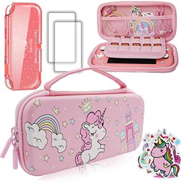 Imagem de Capa de transporte de unicórnio rosa compatível com Nintendo Switch Lite com capa protetora macia com glitter de cristal + protetor de tela + adesivos, kit de acessórios de armazenamento rígido para presente de aniversário para meninas