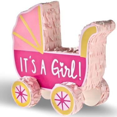 Imagem de Mini decoração de carrinho de bebê – 16 cm x 17,78 cm | Papel rosa premium ideal para chá de bebê, revelação de gênero e celebrações de aniversário – 1 peça