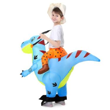 Imagem de Tackview Fantasia inflável de dinossauro para crianças – Fantasia de dinossauro de montaria azul para meninos e meninas – Cosplay e fantasia