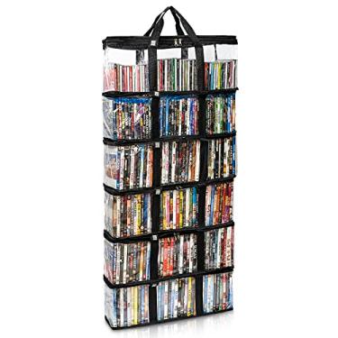 Imagem de Made Easy Kit Bolsa de armazenamento de DVD – Organizador de PVC transparente, alças com costura tripla, divisores – empilhável, economiza espaço, cabe em 40 caixas de DVD – recipiente para discos de filmes, videogames, fitas VHS (preto, 6 sacos)