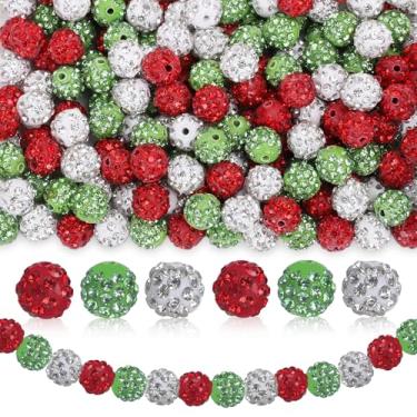 Imagem de JarThenaAMCS 120 peças de contas de argila de strass de Natal 10 mm contas soltas vermelhas verdes brancas brilhantes bola de discoteca contas espaçadoras para Natal, inverno, faça você mesmo,
