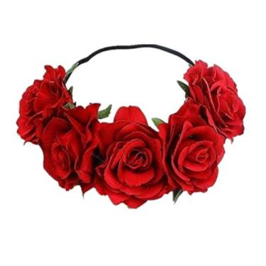 Imagem de DNHCLL Coroa de flor rosa coroa coroa coroa coroa de flores falsas para mulheres menina cabeça floral rosa pedaço cabelo coroa animal coroa coroa coroa flores grinalda (vermelha)