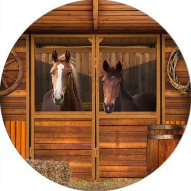 Imagem de Painel De Festa Redondo 1,50x1,50 - Cavalos no Estábulo Realista 010 -