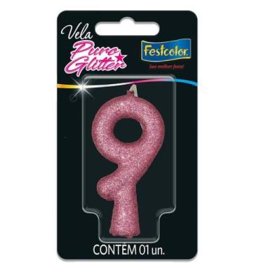 Imagem de Vela De Aniversário Puro Glitter Nº 9 Rosa 1 Unidade - Festcolor