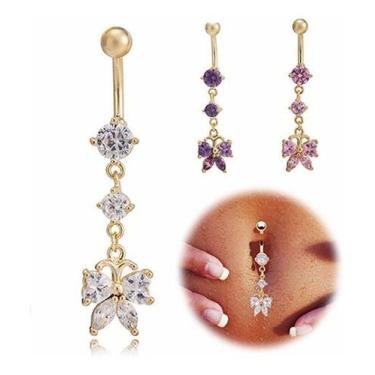 Imagem de Piercing De Umbigo Pendurado Dourado Borboleta Zirconia Aço - De Castr