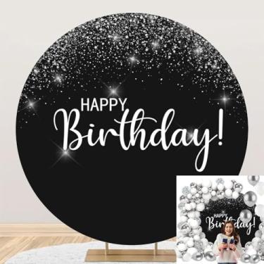 Imagem de OERJU Capa de fundo redondo feliz aniversário preto prata para fotografia feliz aniversário círculo capa de pano de fundo masculino feminino decoração festa bolo mesa banner cabine foto suporte 2,2 m