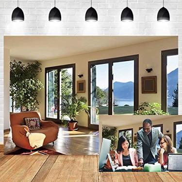 Imagem de OERJU 1,5 x 1,2 m Fundo fotográfico de escritório comercial plantas verdes à beira do lago escritório vazio prancha de madeira foto fundo gramado luz solar montanha interior casa videoconferência pano