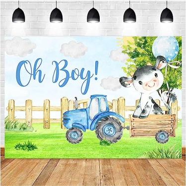 Imagem de Oh Boy Birthday Party Backdground Blue Sky Grass Balloons Baby Shower Party Decorações Farm Holy Cow Banner Kids Recém-nascidos Meninos Retrato Foto Fundos Trator Fazenda Bolo Banner (2,8 x 1,5 m)
