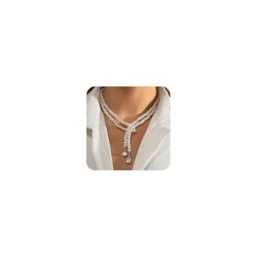 Imagem de Octwine Pacote Boho com 1 colar com pingente de cristal brilhante, gargantilha redonda de pérola branca, gargantilha vintage anos 20, colar de casamento para mulheres, Metal