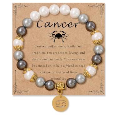 Imagem de GLMOCM Pulseira de Signos do Zodíaco, Pulseira Elástica com Contas Brancas e Cinzas, Ajustável, 12 Constellations, Bracelete Unissex