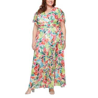 Imagem de S.L. Fashions Vestido longo longo de manga curta plus size com cintura franzida, vestido de primavera/verão, convidada de casamento, Branco/Mult, 50