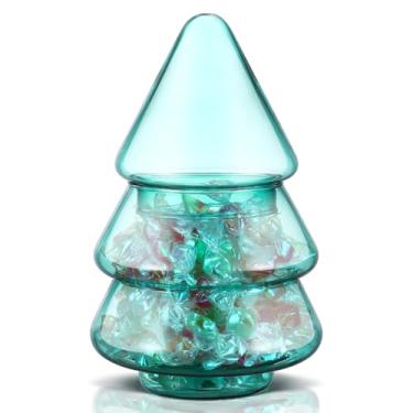 Imagem de Sliner Potes de doces de árvore de Natal, potes de biscoito de vidro com tampas, adorável pote de árvore de Natal, recipiente de armazenamento de alimentos para decoração de mesa de presente de festa