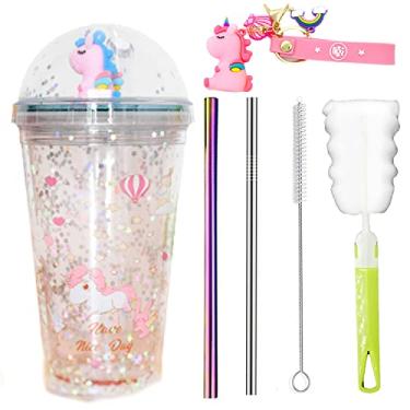 Imagem de Copo infantil de unicórnio com canudo para viagem com glitter, canecas de café de gelo, copo de plástico para presente de festa (unicórnio rosa, 6,520 cm))