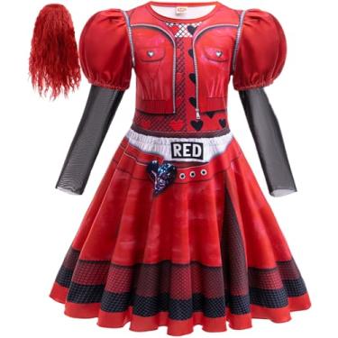 Imagem de Fantasia vermelha para meninas com peruca, fantasia vermelha para Halloween, vestido de festa de princesa vermelha, Padrão vermelho 2, 4-5Years