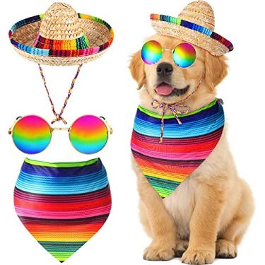 Imagem de Ramede 3 peças chapéu sombrero para animais de estimação mexicano serape poncho fantasia de Halloween inclui cinco de maio bandana de cachorro mexicano festa triângulo babador óculos de sol redondos