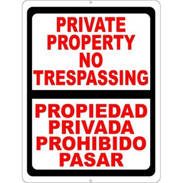 Imagem de Placa bilíngue de propriedade privada sem invasão. Placas de segurança em inglês e espanhol. Privada. 20 x 30 cm de metal.