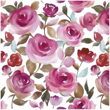 Imagem de HAOKHOME Papel de parede floral rosa removível malva/rosa/azul-petróleo marrom papel de contato para banheiro 45 cm x 3 m