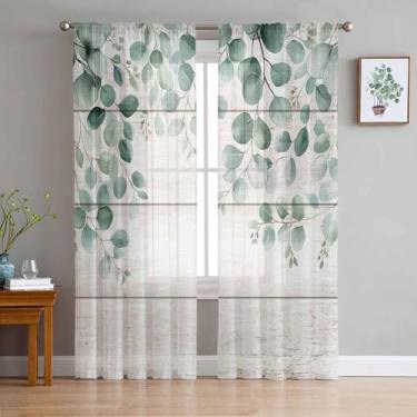 Imagem de Cortinas de janela transparentes de folha de eucalipto, cortina vintage de grão de madeira de folha verde sálvia com bolso para varão, voile, casa de fazenda, tratamento de janela botânico para sala
