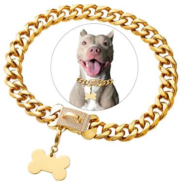 Imagem de Colar resistente de aço inoxidável cubano dourado para cães pequenos, médios e grandes, coleira para cães bully francês bully americano com etiqueta personalizada de segurança de luxo CZ