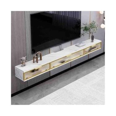 Imagem de Armário de TV Unidade de TV flutuante, grande armário de TV montado na parede, console de mídia de TV flutuante de luxo branco com 3 portas de vidro douradas, móveis modernos de sala de estar Armário