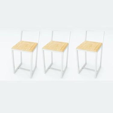 Imagem de Jogo 3 Banqueta Baixa Para Cozinha Branca Assento Pinus Industrial