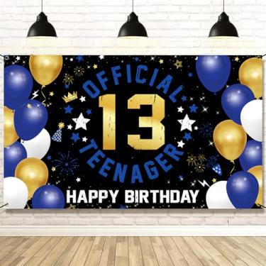 Imagem de Vicycaty Decoração de aniversário de 13 anos para meninos e meninas, faixa oficial de pano de fundo de adolescente ouro azul, 13 anos de idade, sinal de quintal para festa de aniversário de 13 anos,
